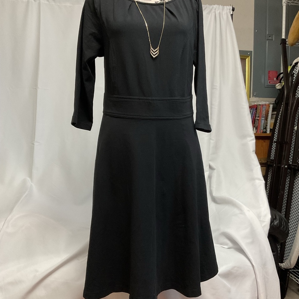 eShakti Black A-Line Dress with Small Front Pleats and 3/4 Sleeves. Size L